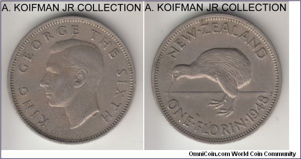 KM-18, 1948 New Zealand florin; copper-nickel, reeded edge; George VI, second base metal type, very fine or about.