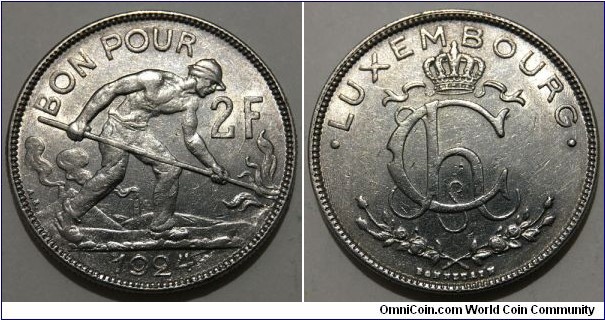 2 Francs (Grand Duchy of Luxembourg / Grand Duchess Charlotte // Nickel 10g / Mintage: 1.000.000 pcs)
