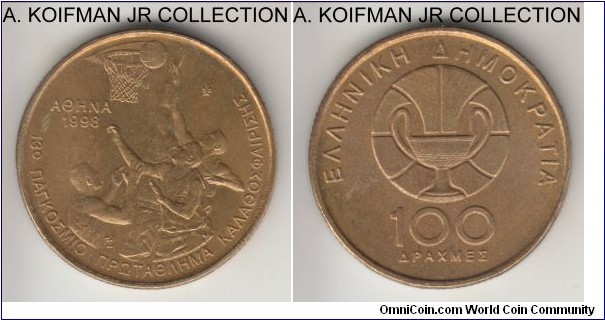 KM-170, 1998 Greece 100 drachmas; aluminum-bronze, segment reeded edge; 13th World basketball championship circulation commemorative, average uncirculated, toned.