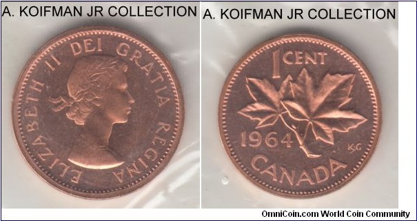 KM-49, 1964 Canada cent; proof like, bronze, plain edge; Elizabeth II, from mint proof like set, mostly light red.