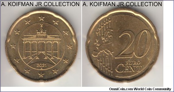 KM-255, 2021 Germany (Federal Republic) 20 euro cent, Berlin mint (A mint mark); brass (Krause) or Nordic gold (Numista), plain with 7 indentations edge; 2'nd map type, average uncirculated or almost.