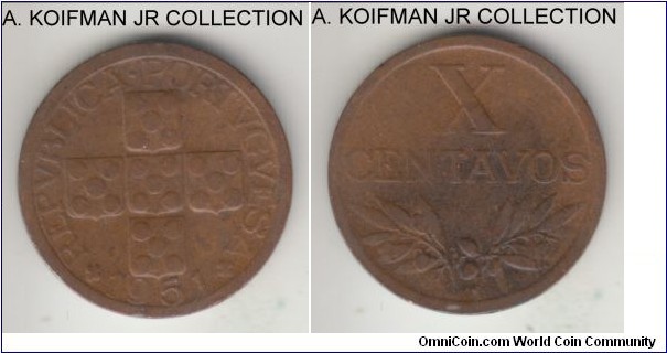 KM-583, 1951 Portugal 10 centavos; bronze, plain edge; good very details, stained reverse.