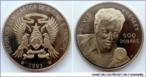 Sao Tome & Principe 500 dobras. 1993, Elvis Presley.