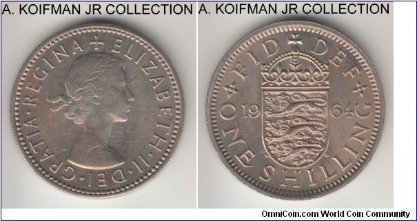 KM-904, 1964 Great Britain shilling, English crest; copper-nickel, reeded edge; Elizabeth II, average uncirculated, light toning