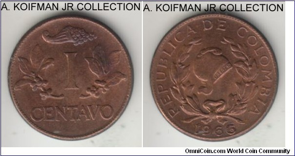 KM-205a, 1966 Colombia centavo; bronze, plain edge; red brown uncirculated, mostly full dentacles which are often missing, date recut multiple times.