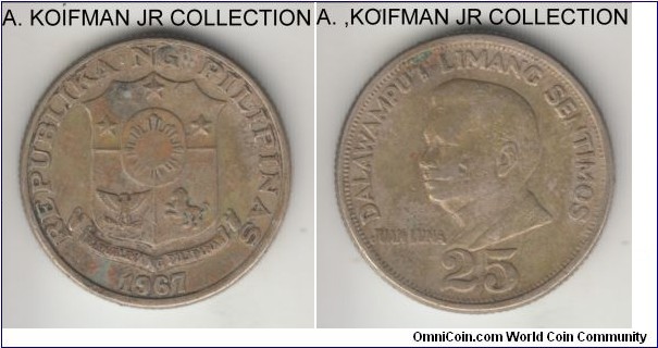 KM-199, 1967 Philippines 25 sentimos; copper-nickel-zinc, reeded edge; circulation issue with the bust of Juan Luna, first year of the type, average circulated.