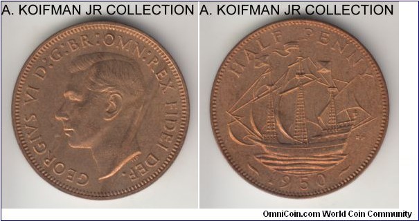 KM-868, 1950 Great Britain half penny; bronze, plain edge; George VI, from one of 18,000 (or 17,500 per Numista) proof sets, red brown proof.