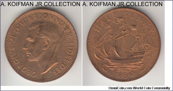 KM-868, 1950 Great Britain half penny; bronze, plain edge; George VI, from one of 18,000 (or 17,500 per Numista) proof sets, red brown proof.