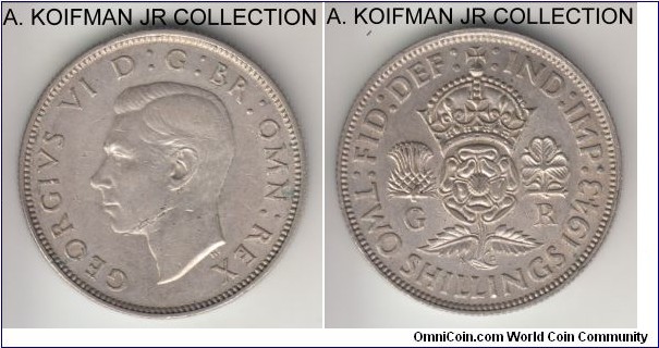 KM-855, 1943 Great Britain florin (2 shillings); silver, reeded edge; George VI, good extra fine, extensive lamination mint error on obverse as seen.