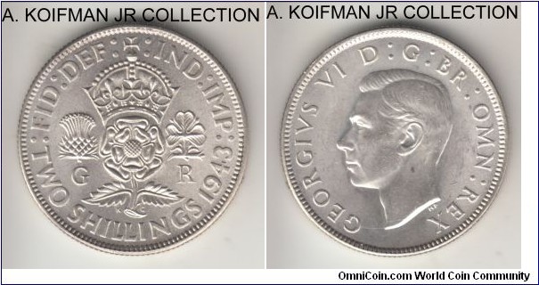 KM-855, 1943 Great Britain florin (2 shillings); silver, reeded edge; George VI, good extra fine, extensive lamination mint error on obverse as seen.