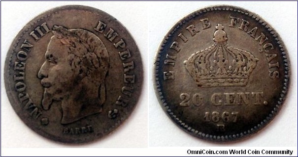 France 20 centimes.
1867 BB - Strasbourg. Napoleon III. Ag 835.