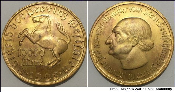 10.000 Mark (Weimar Republic / Prussian province of Westphalia - Notgeld / Freiherr vom Stein - Commemorative issue // Tombac 31.7g / ⌀44.5mm / Mintage: 315.809 pcs)