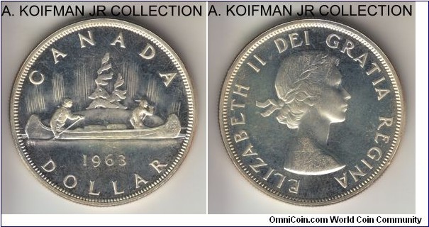 KM-54, 1963 Canada dollar; silver, reeded edge; Elizabeth II, lightly toned proof like specimen, light cameo, average uncirculated.