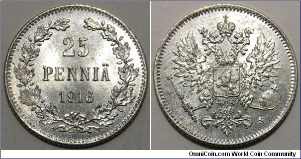 25 Pennia (Russian Empire / Grand Duchy of Finland / Grand Prince Nicholas II // SILVER 0.750 / 1.275g / ⌀16mm) 