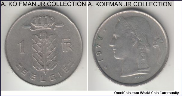 KM-143.1, 1973 Belgium franc; copper-nickel, reeded edge; Baudouin I, Dutch (Flemish) variety BELGIE, coin alignment, common, extra fine or so, with a rim bump.