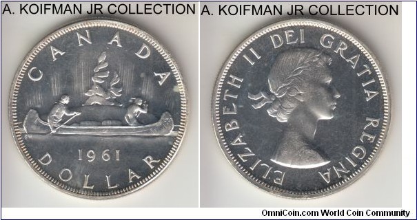 KM-54, 1961 Canada dollar; silver, reeded edge; Elizabeth II, bright proof like choice specimen, light cameo, small reverse toning spot.