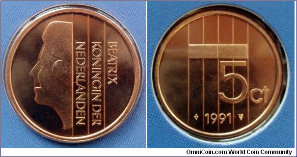Netherlands 5 cents from 1991 annual coin set.