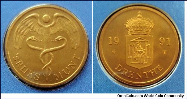 Netherlands - Mint token from 1991 annual coin set. Coat of arms of province of Drenthe on reverse.