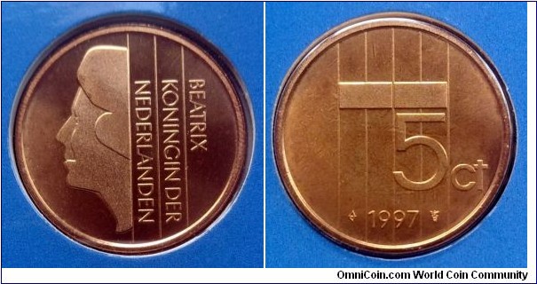 Netherlands 5 cents from 1997 annual coin set.