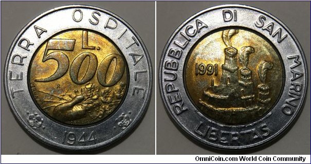 500 Lire (Republic of San Marino / Terra Ospitale 1944 // Bimetallic: Bronzital centre - Acmonital ring)