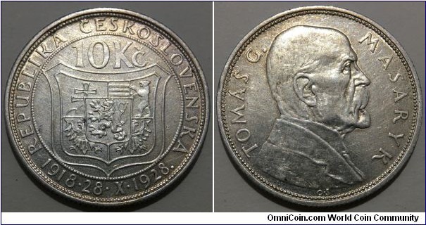 10 Korun (1st Republic of Czechoslovakia / 10th Anniversary of Independence - Tomas Masaryk // SILVER 0.700 / 10g / ⌀30mm / Mintage: 1.000.000 pcs) 