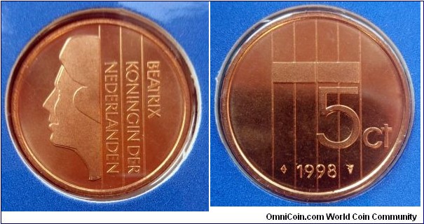 Netherlands 5 cents from 1998 annual coin set.