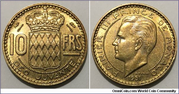 10 Francs (Principality of Monaco / Prince Rainier III // Aluminium-Bronze / Mintage: 500.000 pcs)