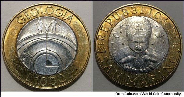 1000 Lire (Republic of San Marino / Commemorative issue - Geology // Bimetallic: Copper-Nickel centre - Aluminium-Bronze ring) 