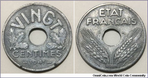 20 Centimes (Vichy French State // Zinc 3.5g) 