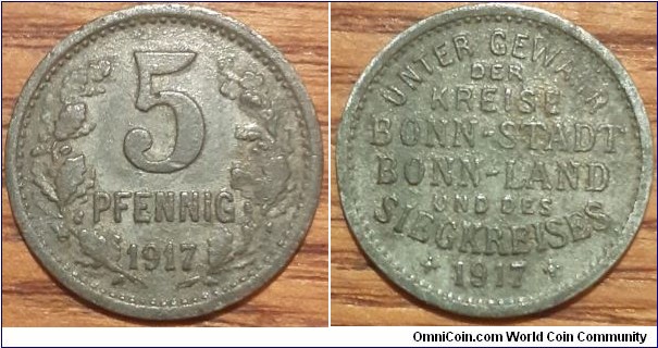 5 Pfennig, Bonn & Siegkreis Districts Prussian Province of Rhine 