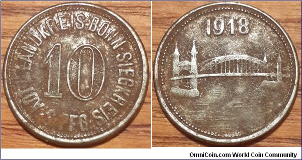 10 Pfennig, Bonn & Siegkreis Districts Prussian Province of Rhine 