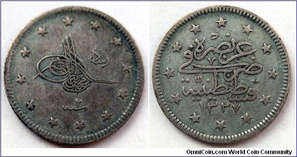 Ottoman Empire 2 kurus. 1910 (1327) 2. Ag 830.
