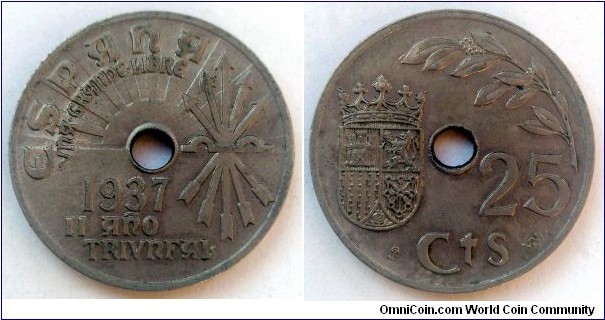 Spain 25 centimos.
1937, Second Triumphant Year (Franco)