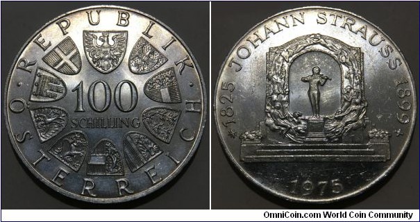 100 Schilling (2nd Republic of Austria / 150th Anniversary of birth of Johann Strauss // SILVER 0.640 / 23.93g / ⌀36mm)