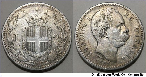 2 Lire (Kingdom of Italy / King Umberto I // SILVER 0.835 / 10g / ⌀27mm) 