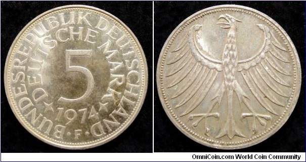 German Federal Republic (West Germany) 5 mark. 1974 F, Ag 625.