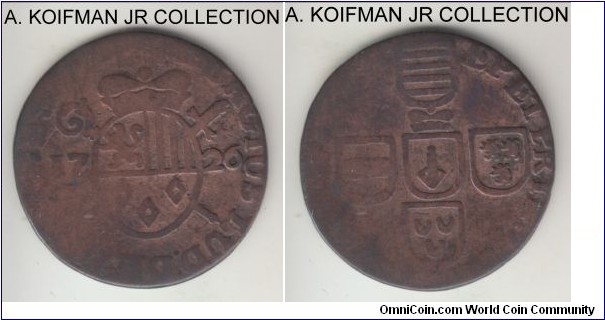 KM-134, 1726 Liege liard, Liege mint; copper, plain edge; Prince Bishop George Louis, 2-yar type, well circulated.