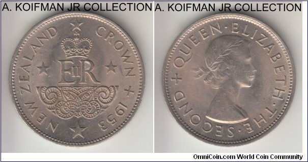 KM-30, 1953 New Zealand crown; copper-nickel, reeded edge; Elizabeth II, coronation commemorative issue, average uncirculated, toned and few bag marks.