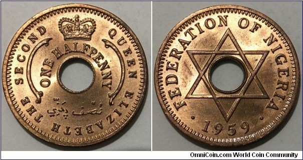 1/2 Penny (Federation of Nigeria - British Protectorate / Queen Elizabeth II // Bronze 3.8g)