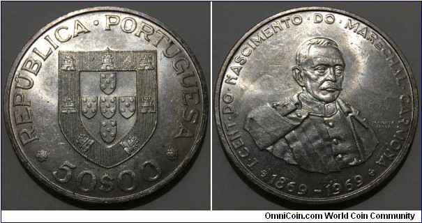 50 Escudos (2nd Portuguese Republic / Centenary of the birth of Marechal Carmona // SILVER 0.650 / 18g / ⌀34mm / Mintage: 500.000 pcs) 