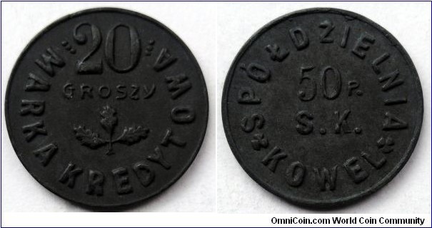 Poland 20 groszy. Credit token of Union of Military Cooperatives (Marka kredytowa) 50 Rifle Infantry Regiment - Kowel. Zinc. Second piece in my collection.