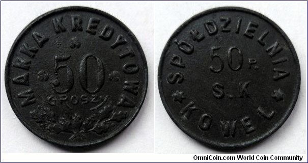 Poland 50 groszy. Credit token of Union of Military Cooperatives (Marka kredytowa) 50 Rifle Infantry Regiment - Kowel. Zinc. Rare.