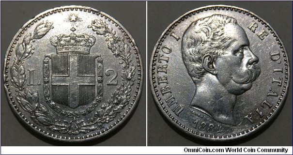 2 Lire (Kingdom of Italy / King Umberto I // SILVER 0.835 / 10g / ⌀27mm) 