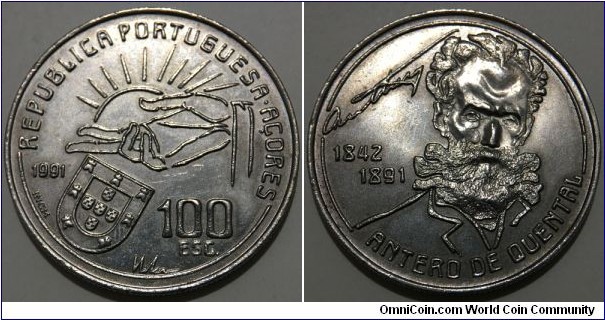 100 Escudos (Autonomous Region of the Azores / 3rd Portuguese Republic / 100th Anniversary of the Death of Poet Antero de Quental // Copper-Nickel / Mintage: 750.000 pcs)