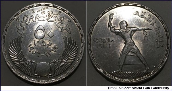 50 Piastres / Qirsh (Republic of Egypt / Evacuation of the British 18 June 1956 // SILVER 0.900 / 28g / ⌀40mm / Mintage: 250.000 pcs)