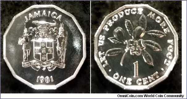 Jamaica 1 cent. 1981, F.A.O. Franklin Mint. Special uncirculated variety. Mintage: 482 pcs.
