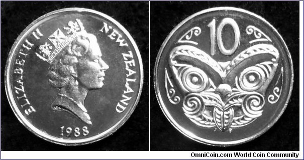 New Zealand 10 cents 1988 from BU year set. Mintage: 15.000 pcs.

