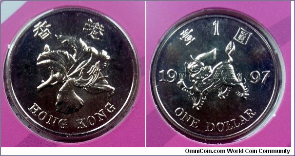 Hong Kong 1 dollar from 1997 BU coin set commemorating the returning of Hong Kong to China.