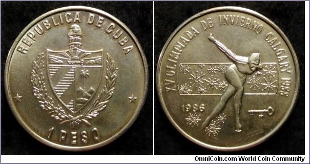 Cuba 1 peso. 1986, XV Olympic Winter Games - Calgary 1988. Cu-ni. Mintage: 3.000 pcs.