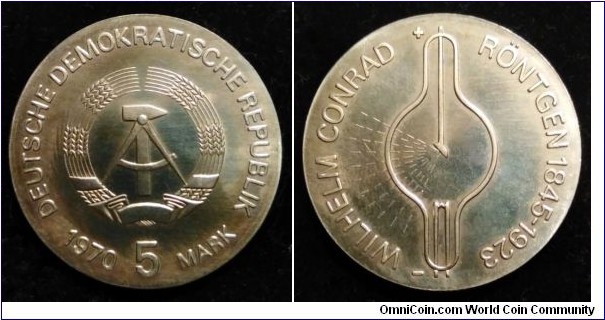 German Democratic Republic (East Germany) 5 mark. 1970, 125th Anniversary of Birth of Wilhelm Röntgen.  